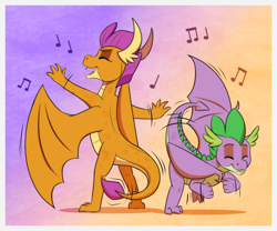 Size: 1422x1181 | Tagged: safe, artist:inuhoshi-to-darkpen, imported from derpibooru, smolder, spike, dragon, closed mouth, dancing, dragon wings, dragoness, eyes closed, female, gradient background, male, motion lines, music, music notes, open mouth, spread wings, tail, tongue out, wings