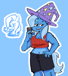 Size: 2987x3369 | Tagged: safe, artist:binturita, imported from derpibooru, trixie, anthro, unicorn, belly button, cellphone, clothes, ear piercing, earring, female, hat, jewelry, looking at you, phone, piercing, short shirt, shorts, trixie's hat