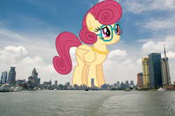 Size: 2048x1357 | Tagged: safe, artist:baumkuchenpony, edit, editor:jaredking779, imported from derpibooru, posey shy, pegasus, pony, china, female, folded wings, giant pegasus, giant pony, giantess, glasses, highrise ponies, irl, jewelry, macro, mare, mega giant, necklace, pearl necklace, photo, ponies in real life, shanghai, smiling, solo, wings