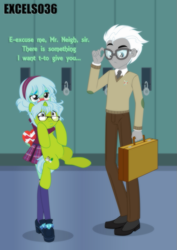 Size: 661x935 | Tagged: safe, artist:excelso36, imported from derpibooru, covalent bond, oc, oc:alexa, oc:excelso, human, pony, unicorn, equestria girls, age difference, bill nye, blushing, canon x oc, clothes, confused, crush, crystal prep academy uniform, equestria girls-ified, glasses, holding a pony, holiday, nervous, school uniform, shipping, valentine's day