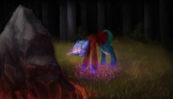 Size: 3500x2000 | Tagged: safe, artist:anastas, imported from derpibooru, oc, oc only, oc:nox terrorem, pony, unicorn, blue coat, boulder, bow, choker, clothes, commission, dark magic, detailed background, dress, eyes closed, female, forest, glowing, grass, grass field, green mane, green tail, magic, magic aura, mare, red dress, ritual, rock, runes, skirt, solo, solo focus, spiked choker, stone, tail, tree