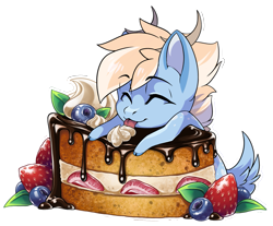 Size: 1599x1322 | Tagged: safe, artist:arctic-fox, imported from derpibooru, oc, oc only, oc:wicker wind, deer, blueberry, cake, cloven hooves, cute, food, horns, male, simple background, solo, strawberry, tongue out, transparent background, weapons-grade cute, whipped cream