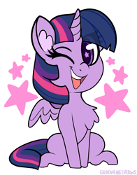 Size: 2186x2783 | Tagged: safe, artist:graphene, imported from derpibooru, twilight sparkle, alicorn, pony, chest fluff, chibi, cute, one eye closed, open mouth, open smile, simple background, sitting, smiling, solo, starry eyes, stars, twilight sparkle (alicorn), white background, wingding eyes, wink