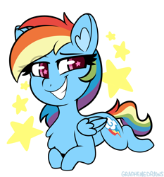 Size: 2478x2664 | Tagged: safe, artist:graphene, imported from derpibooru, rainbow dash, pegasus, pony, chibi, cute, eye clipping through hair, eyebrows, eyebrows visible through hair, female, folded wings, grin, high res, looking at you, lying down, mare, prone, signature, simple background, smiling, smiling at you, smug, solo, starry eyes, stars, white background, wingding eyes, wings