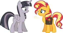 Size: 5693x3000 | Tagged: safe, artist:cloudy glow, artist:wardex101, edit, imported from derpibooru, sunset shimmer, twilight sparkle, alicorn, unicorn, equestria girls, equestria girls series, forgotten friendship, bag, discorded, discorded twilight, duo, duo female, female, looking at each other, looking at someone, saddle bag, simple background, text, transparent background, twilight sparkle (alicorn), twilight tragedy, vector