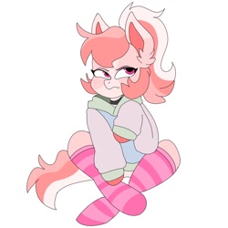Size: 1280x1280 | Tagged: safe, artist:b1ng0, imported from derpibooru, oc, oc only, oc:princess, earth pony, pony, annoyed, choker, clothes, freckles, hoodie, simple background, socks, solo, striped socks, white background