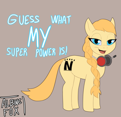 Size: 2986x2894 | Tagged: safe, artist:albinefox, imported from twibooru, oc, earth pony, pony, blonde mane, braid, cutie mark, dialogue, earth pony oc, english text dialogue, female, image, light blue eyes, mare, microphone, n-word, n-word pass, png, simple background, smug, text, yellow coat