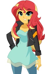 Size: 836x1200 | Tagged: safe, artist:rosemile mulberry, imported from derpibooru, sunset shimmer, equestria girls, clothes, hand on hip, jacket, looking at you, smiling, solo