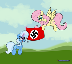 Size: 4460x3918 | Tagged: safe, artist:phosphorshy, edit, editor:strifesnout, fluttershy, trixie, pegasus, pony, unicorn, chest fluff, cloud, ear fluff, female, flag, flying, glow, glowing horn, grass, horn, magic, magic aura, nazi, open mouth, simple background, spread wings, standing, swastika, telekinesis, wings