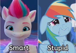 Size: 1991x1396 | Tagged: safe, edit, edited screencap, imported from derpibooru, screencap, rainbow dash, zipp storm, abuse, comparison, dashabuse, duo, g4, g5, op is a duck, op is trying to start shit