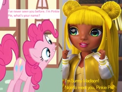 Size: 1152x864 | Tagged: safe, artist:aaliyah_rosado, artist:cmara, artist:user15432, imported from derpibooru, pinkie pie, earth pony, human, pony, crossover, image, looking at each other, looking at someone, needs more jpeg, rainbow high, smiling, smiling at each other, sunny madison