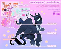 Size: 4096x3277 | Tagged: safe, artist:softpinkpony, imported from derpibooru, princess cadance, princess luna, oc, oc:misty haze, alicorn, pegasus, pony, unicorn, advertisement, alternate design, commission, commission info, digital art, gradient background, horn, moira, overwatch, pegasus oc, ponified, price sheet, redesign, reference sheet, tail, text, wings