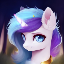 Size: 1024x1024 | Tagged: safe, imported from derpibooru, oc, oc only, pony, unicorn, ai content, ai generated, bust, chest fluff, ear fluff, eyelashes, forest background, generator:purplesmart.ai, generator:stable diffusion, looking at you, portrait