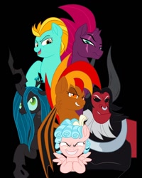 Size: 1080x1350 | Tagged: safe, artist:charlottedrawings_, imported from derpibooru, cozy glow, lightning dust, lord tirek, queen chrysalis, tempest shadow, oc, centaur, changeling, changeling queen, pony, taur, antagonist, female, male, scar, villainess