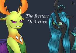 Size: 2039x1446 | Tagged: safe, artist:natt333, imported from derpibooru, queen chrysalis, thorax, changedling, changeling, changeling queen, fanfic:the restart of a hive, angry, antlers, author:shakespearicles, changeling king, chrysarax, cover art, crown, disgusted, duo, eyebrows, eyelashes, eyes open, family, fanfic, fanfic art, fangs, female, fimfiction, frown, furious, gritted teeth, horn, implied inbreeding, implied incest, implied sex, implied shipping, inbreeding, incest, jewelry, king, king and queen, king thorax, logo, looking, looking at each other, looking at someone, male, mother and child, mother and son, nostrils, queen, regalia, royalty, shakespearicles, shipping, signature, simple background, straight, teeth, text, the restart of a hive, wall of tags, wings, xk-class end-of-the-world scenario