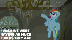 Size: 1920x1080 | Tagged: safe, edit, edited screencap, editor:quoterific, imported from derpibooru, screencap, rainbow dash, pegasus, pony, the saddle row review, disarray, disrepair, female, flying, looking up, mare, open mouth, solo, spider web