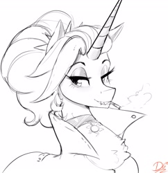 Size: 3000x3100 | Tagged: safe, artist:thelunarmoon, imported from derpibooru, oc, oc only, oc:dyx, alicorn, pony, chest fluff, choker, cigarette, female, grayscale, high res, lidded eyes, mare, monochrome, mouth hold, older, older dyx, simple background, smoking, solo, white background