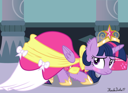 Size: 1680x1230 | Tagged: safe, artist:thunderdasher07, imported from derpibooru, twilight sparkle, alicorn, pony, alternate hairstyle, bent over, big crown thingy, blushing, canterlot castle, clothes, coronation dress, diaper, diaper butt, diaper fetish, diaper package, diaper under clothes, dress, element of magic, female, fetish, hallway, jewelry, looking back, magical mystery cure tenth anniversary, non-baby in diaper, poofy diaper, regalia, solo, twilight sparkle (alicorn)