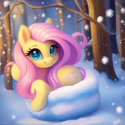 Size: 768x768 | Tagged: safe, imported from derpibooru, fluttershy, pegasus, pony, ai content, ai generated, cute, female, forest, generator:purplesmart.ai, generator:stable diffusion, looking at you, mare, shyabetes, smiling, smiling at you, snow, snowfall, solo, winter