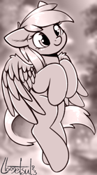 Size: 518x931 | Tagged: safe, artist:llametsul, imported from derpibooru, derpy hooves, pegasus, pony, cute, female, mare, monochrome, signature, smiling, solo, spread wings, wings