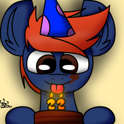 Size: 1024x1024 | Tagged: safe, artist:nhale, imported from derpibooru, oc, oc only, oc:fizakn catto, monster pony, original species, tatzlpony, 22, :p, birthday, blue pony, cake, cute, food, hair, hat, orange, party hat, simple background, solo, tongue out
