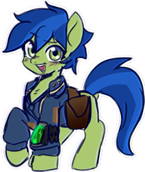 Size: 999x1176 | Tagged: safe, artist:glompxd, imported from derpibooru, oc, oc only, oc:scotch tape, earth pony, pony, fallout equestria, fallout equestria: homelands, fallout equestria: project horizons, bag, doodle, fanart, fanfic art, pipbuck, simple background, solo, stable-tec, transparent background