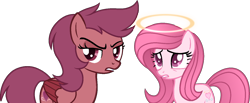 Size: 1468x604 | Tagged: safe, artist:kingbases, artist:tanahgrogot, imported from derpibooru, oc, oc:annisa the good pony, oc:virva, earth pony, pegasus, pony, base used, duo, duo female, female, gritted teeth, looking at you, mare, medibang paint, sad, simple background, solo, teeth, transparent background