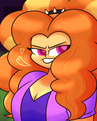 Size: 3800x4740 | Tagged: safe, artist:iceflower99, imported from derpibooru, part of a set, adagio dazzle, human, equestria girls, rainbow rocks, breasts, busty adagio dazzle, evil grin, eye clipping through hair, grin, heart, missing accessory, pink eyes, simple background, smiling, solo, video at source, video in description