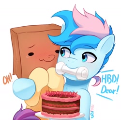 Size: 1749x1731 | Tagged: safe, artist:maren, imported from derpibooru, oc, oc:blue chewings, oc:paper bag, pegasus, pony, birthday, cake, food, mouth hold, simple background, white background