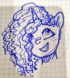 Size: 924x1024 | Tagged: safe, artist:maren, imported from derpibooru, pony, unicorn, female, freckles, g5, graph paper, gritted teeth, mare, misty brightdawn, open mouth, open smile, simple background, sketch, smiling, solo, teeth, traditional art, white background