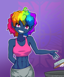 Size: 1000x1200 | Tagged: safe, artist:empyu, imported from derpibooru, rainbow dash, human, equestria girls, secrets and pies, abs, belly button, evil pie hater dash, food, pie, trash