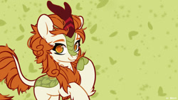 Size: 1920x1080 | Tagged: safe, artist:shelti, edit, imported from derpibooru, autumn blaze, kirin, abstract background, cloven hooves, colored pupils, female, green background, high res, hoof heart, looking at you, pointing at self, signature, simple background, solo, standing, underhoof, wallpaper, wallpaper edit