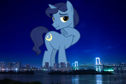 Size: 2048x1367 | Tagged: safe, artist:cheezedoodle96, edit, editor:jaredking779, imported from derpibooru, night light, pony, unicorn, attack on pony, frog (hoof), giant pony, giant unicorn, highrise ponies, irl, japan, looking at you, macro, male, mega giant, photo, ponies in real life, raised hoof, smiling, solo, story included, tokyo, underhoof