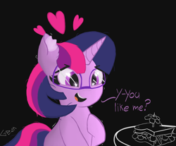 Size: 5800x4800 | Tagged: safe, artist:gean, imported from derpibooru, twilight sparkle, pony, unicorn, black background, daffodil and daisy sandwich, date, ear fluff, emanata, food, glasses, heart, heart eyes, nervous, sandwich, shy, simple background, solo, text, watermark, wingding eyes