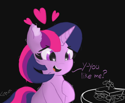 Size: 5800x4800 | Tagged: safe, alternate version, artist:gean, imported from derpibooru, twilight sparkle, pony, unicorn, absurd resolution, black background, daffodil and daisy sandwich, ear fluff, emanata, female, food, heart, heart eyes, mare, nervous, sandwich, shy, simple background, solo, text, unicorn twilight, watermark, wingding eyes