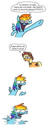 Size: 2672x6090 | Tagged: safe, artist:punkittdev, imported from derpibooru, applejack, rainbow dash, earth pony, pegasus, pony, comic, dialogue, duo, embarrassed, faux pas, female, implied pear butter, mare, my parents are dead, open mouth, pointing, simple background, speech bubble, white background, yo mama