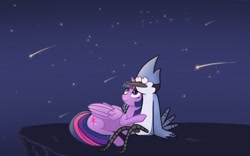 Size: 2048x1280 | Tagged: safe, artist:weylandyuutani, imported from derpibooru, twilight sparkle, alicorn, bird, blue jay, pony, caress, cliff, crossover, crossover shipping, cute, female, folded wings, lying down, male, mare, mordecai, mordetwi, night, night sky, prone, regular show, shipping, shooting star, sitting, sky, stargazing, straight, tail, tail feathers, thin legs, twiabetes, twilight sparkle (alicorn), wings