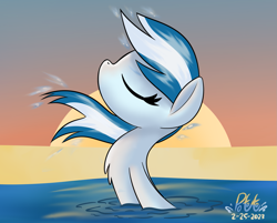 Size: 1613x1299 | Tagged: safe, artist:notadeliciouspotato, imported from derpibooru, oc, oc:serene dive, earth pony, beach, eyes closed, female, mare, signature, solo, sun, water