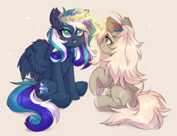 Size: 3218x2480 | Tagged: safe, artist:arisuyukita, imported from derpibooru, oc, oc only, oc:arisu yukita, oc:flaming dune, pegasus, pony, unicorn, blue eyes, blushing, chest fluff, curly mane, cute, duo, duo female, ear fluff, eyeshadow, feather, feather in hair, female, floral head wreath, flower, full body, green eyes, happy, horn, looking at someone, looking up, magic, magic aura, makeup, mare, multicolored mane, multicolored tail, oc x oc, open mouth, open smile, partially open wings, pegasus oc, pink mane, pink tail, raised hoof, shipping, simple background, sitting, smiling, tail, telekinesis, trade, unicorn oc, white background, wings