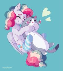 Size: 1765x2000 | Tagged: safe, artist:skysorbett, imported from derpibooru, oc, oc only, oc:sky sorbet, pegasus, pony, cat toy, clothes, eyes closed, female, hug, mare, multicolored hair, pegasus oc, pillow, pillow hug, plushie, simple background, smiling, socks, striped socks, toy