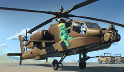 Size: 2910x1692 | Tagged: safe, artist:tucksky, imported from derpibooru, oc, oc:dahan, oc:horsewhite, pegasus, ah-64, ah64, airfield, apache, attack helicopter, car, cloud, helicopter, jeep, mountain, sky, smiling, tucksky