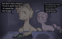 Size: 1102x703 | Tagged: safe, anonymous artist, imported from derpibooru, hitch trailblazer, sprout cloverleaf, earth pony, pony, series:anorexic sunny, anorexia, duo, food, g5, male, pear, stallion