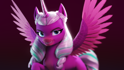 Size: 3840x2160 | Tagged: safe, artist:luminousdazzle, derpibooru exclusive, imported from derpibooru, opaline arcana, alicorn, pony, 3d, 3d model, 4k, blender, evil grin, female, g5, grin, high res, looking at you, mare, raised hoof, render, simple background, smiling, smiling at you, solo, spread wings, wings