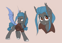 Size: 2835x2000 | Tagged: safe, artist:jewellier, imported from derpibooru, oc, oc only, oc:vox noctis, bat pony, pony, bat pony oc, braid, braided tail, bust, clothes, ear piercing, earring, fangs, female, g5, g5 oc, jacket, jewelry, looking at you, mare, oda 1997, oda 997, piercing, ponytail, portrait, reference sheet, rule 63, simple background, solo, tail, unshorn fetlocks, white background