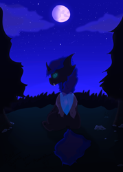 Size: 2500x3500 | Tagged: safe, artist:reddyshes, imported from derpibooru, oc, oc only, changeling, cloud, forest, moon, night, night sky, sky, solo, tree