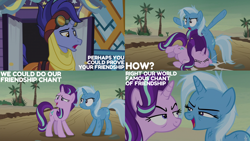 Size: 2000x1125 | Tagged: safe, edit, edited screencap, editor:quoterific, imported from derpibooru, screencap, hoo'far, starlight glimmer, trixie, pony, road to friendship, hoo'far's wagon, wagon