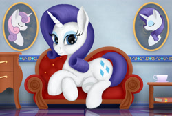 Size: 2677x1800 | Tagged: safe, artist:xodok, imported from derpibooru, rarity, pony, unicorn, series:ponyashnost, bust, couch, indoors, looking at you, portrait, smiling