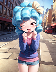 Size: 1971x2508 | Tagged: safe, imported from derpibooru, cozy glow, human, ;p, ai content, ai generated, blushing, car, city, clothes, cozybetes, cute, denim, denim shorts, generator:stable diffusion, humanized, jacket, looking at you, one eye closed, shorts, solo, tongue out, wink