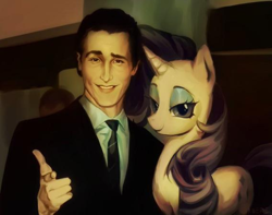 Size: 568x447 | Tagged: safe, imported from derpibooru, rarity, human, pony, unicorn, ai content, ai generated, american psycho, clothes, crossover, looking at you, patrick bateman, pointing at you, smiling, suit