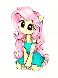 Size: 2210x2947 | Tagged: safe, artist:liaaqila, imported from derpibooru, part of a set, fluttershy, human, equestria girls, equestria girls series, big eyes, butterfly hairpin, chibi, cute, equestria girls minis, female, fluttershy boho dress, high res, kneeling, pony ears, shyabetes, simple background, solo, toy interpretation, traditional art, white background